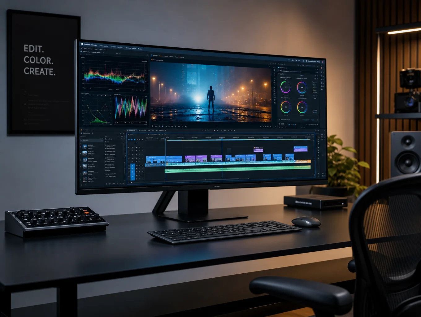 Creator editing video on a high-end workstation